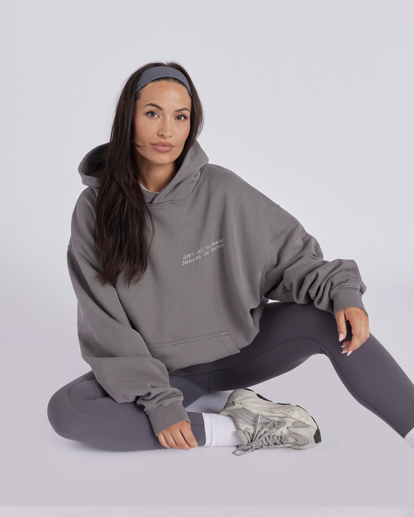Oversized Hoodie, Steel Grey,  'Don't lose this moment searching for another'